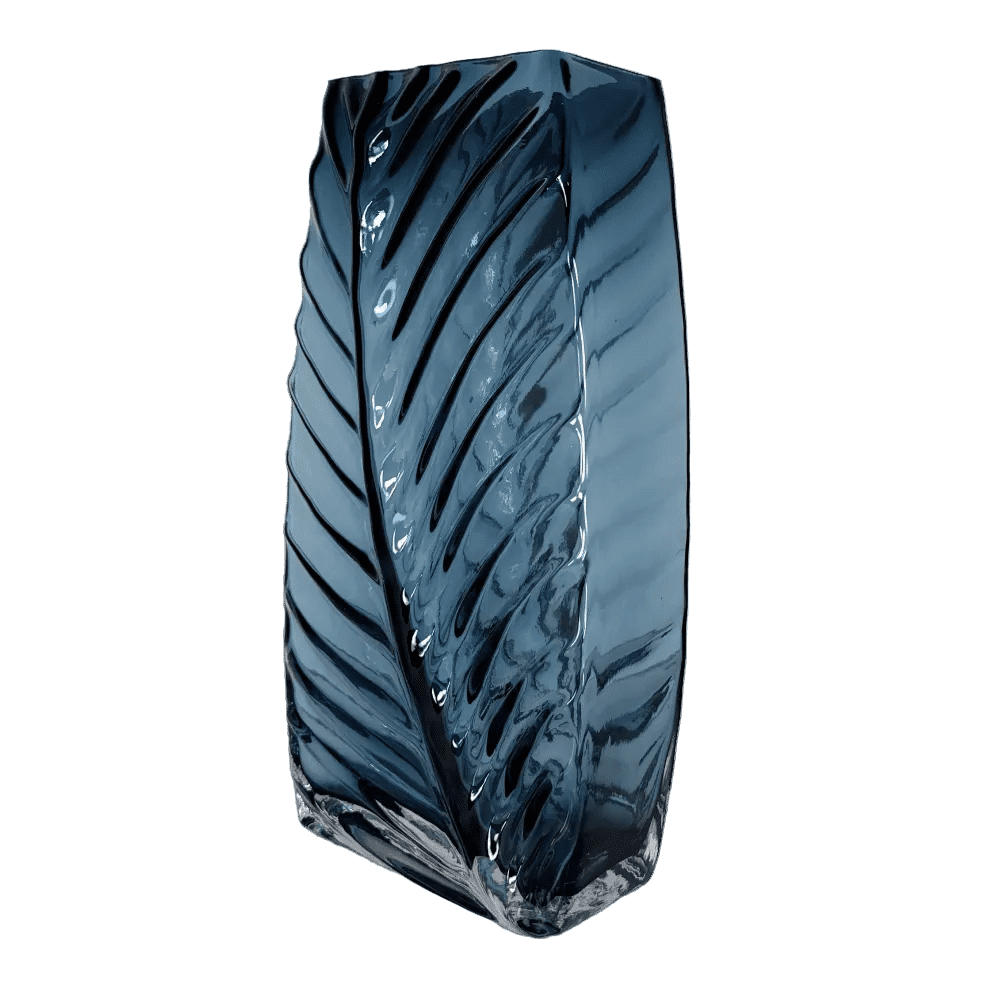 Contemporary Deep Blue Leaf-Vein Glass Vase – Artistic Sculptural Decor