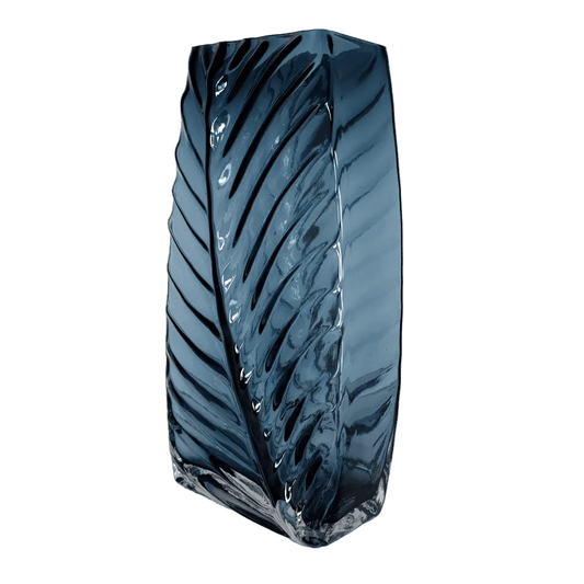 Contemporary Deep Blue Leaf-Vein Glass Vase – Artistic Sculptural Decor