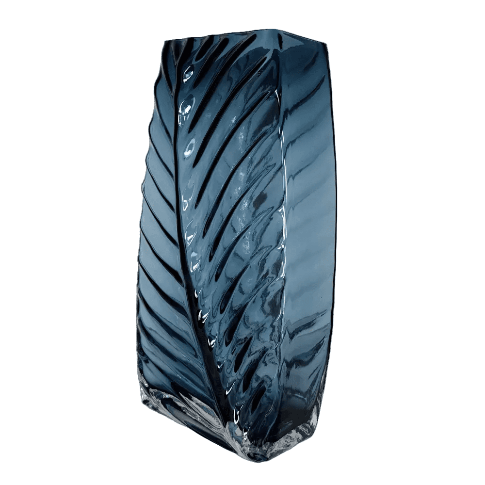 Contemporary Deep Blue Leaf-Vein Glass Vase – Artistic Sculptural Decor