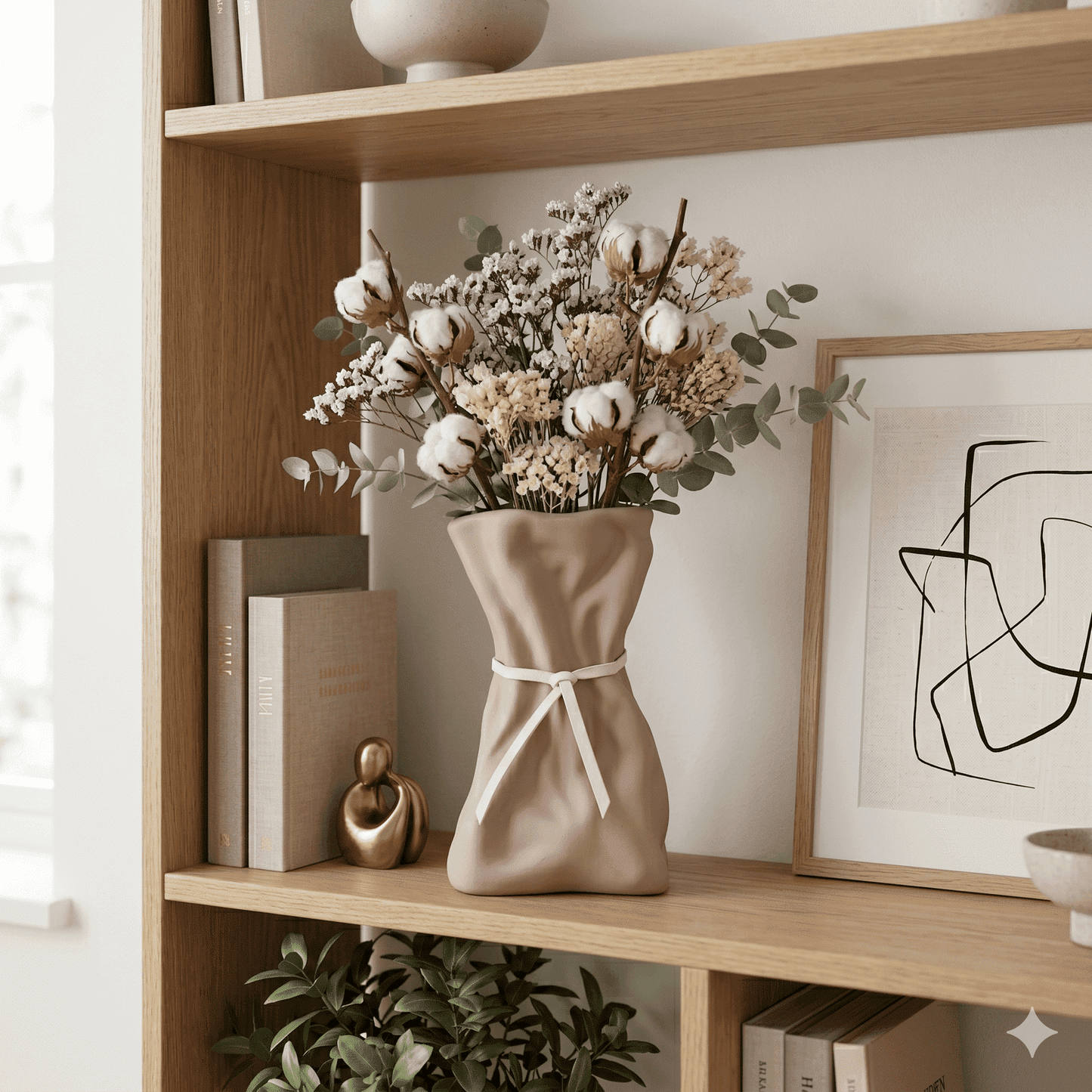 Modern Minimalist Tied-Sack Ceramic Vase – Matte Pastel Decorative Accent