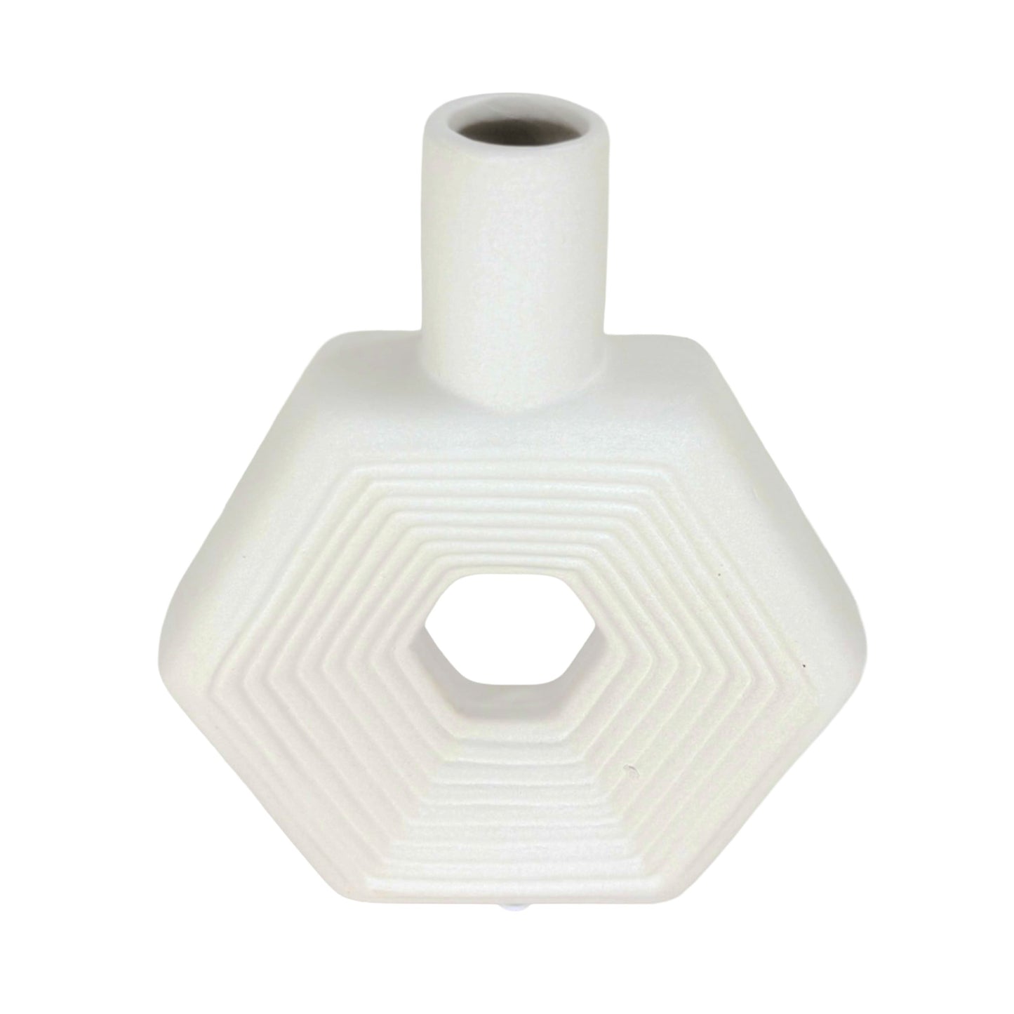 Modern Hexagonal Matte White Ceramic Vase – Geometric Tabletop Decor