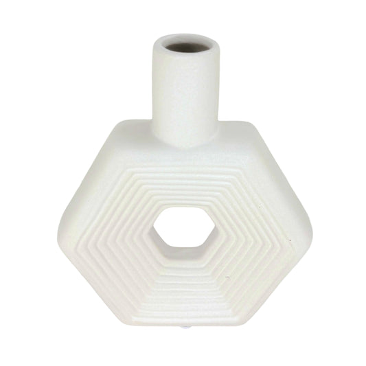 Modern Hexagonal Matte White Ceramic Vase – Geometric Tabletop Decor