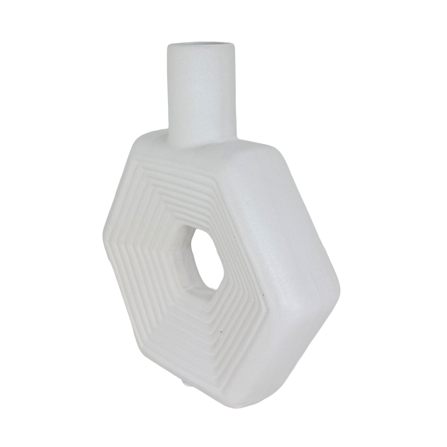 Modern Hexagonal Matte White Ceramic Vase – Geometric Tabletop Decor