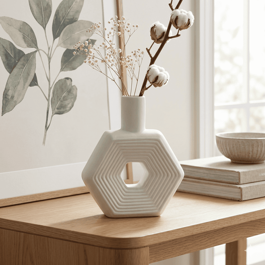 Modern Hexagonal Matte White Ceramic Vase – Geometric Tabletop Decor