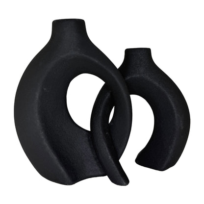 Modern Interlocking Matte Black Ceramic Duo Vases – Abstract Minimalist Sculpture