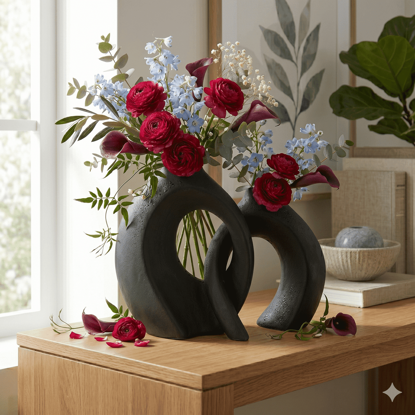 Modern Interlocking Matte Black Ceramic Duo Vases – Abstract Minimalist Sculpture