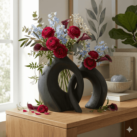 Modern Interlocking Matte Black Ceramic Duo Vases – Abstract Minimalist Sculpture