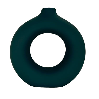 Modern Minimalist Ring Vase – Matte Forest Green Ceramic Sculpture