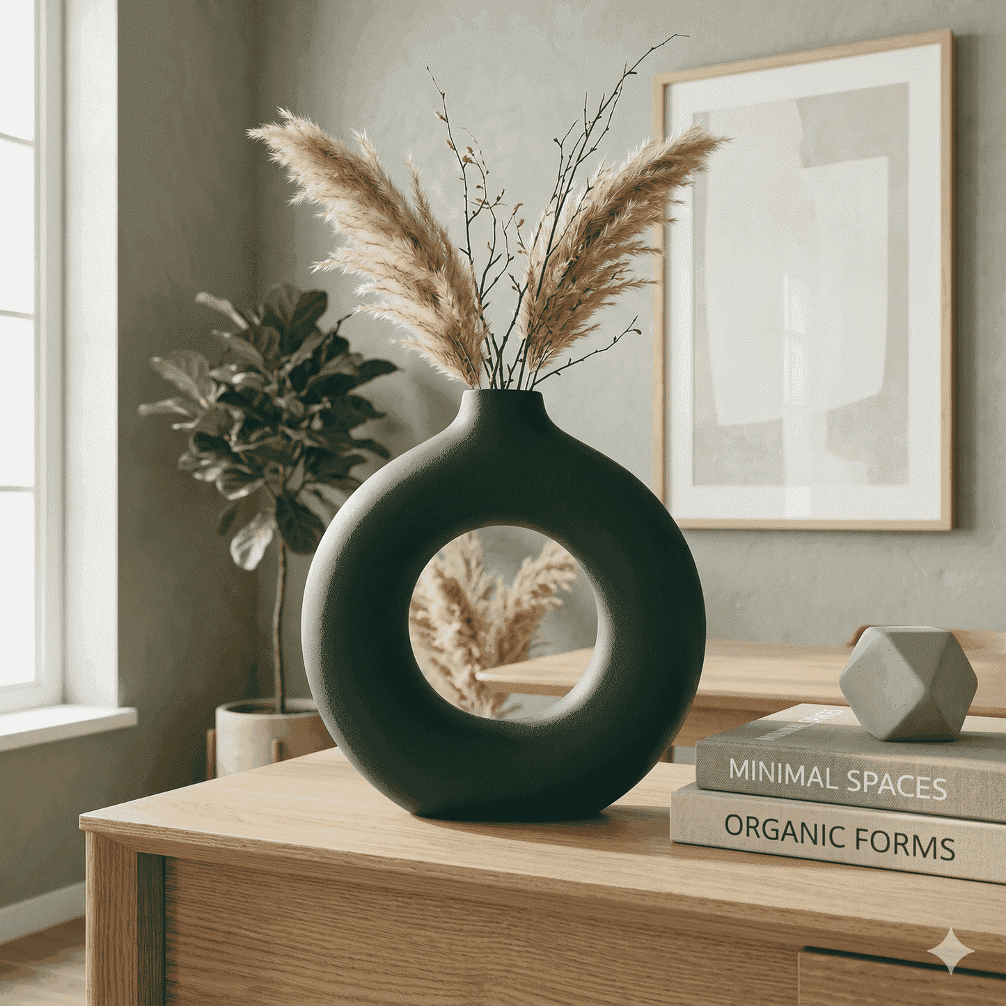 Modern Minimalist Ring Vase – Matte Forest Green Ceramic Sculpture