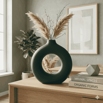 Modern Minimalist Ring Vase – Matte Forest Green Ceramic Sculpture