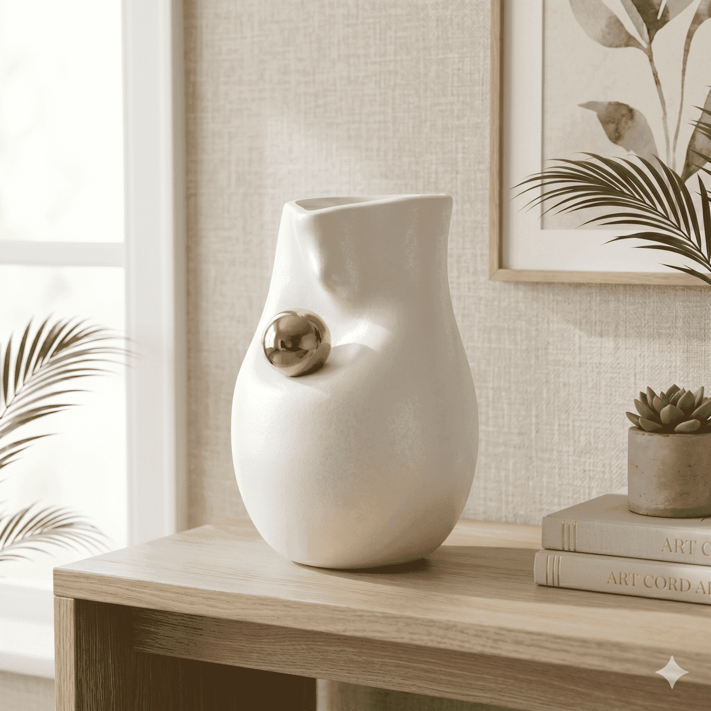 Modern Abstract Minimalist White Ceramic Vase with Gold Accent