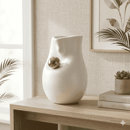 Modern Abstract Minimalist White Ceramic Vase with Gold Accent