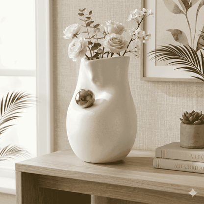 Modern Abstract Minimalist White Ceramic Vase with Gold Accent