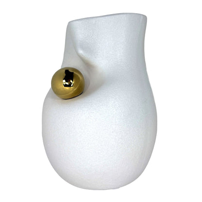 Modern Abstract Minimalist White Ceramic Vase with Gold Accent