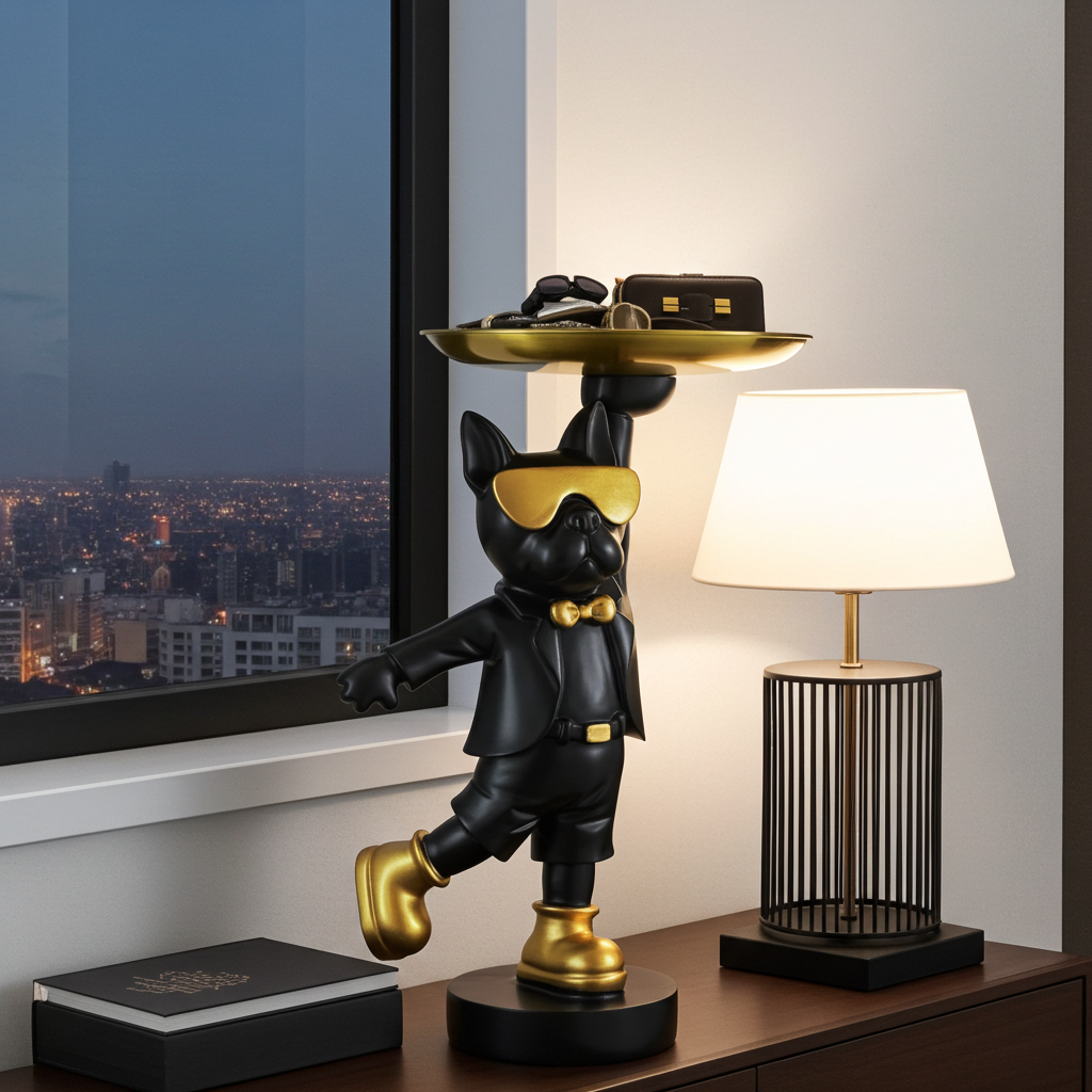 The Dapper Pup – A Playful Spirit Wrapped in Golden Style | Modern Luxury Dog Wall Art Print for Sophisticated Home Decor