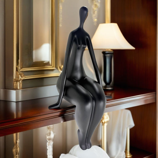 Modern Abstract Sitting Woman Matte Black Statue