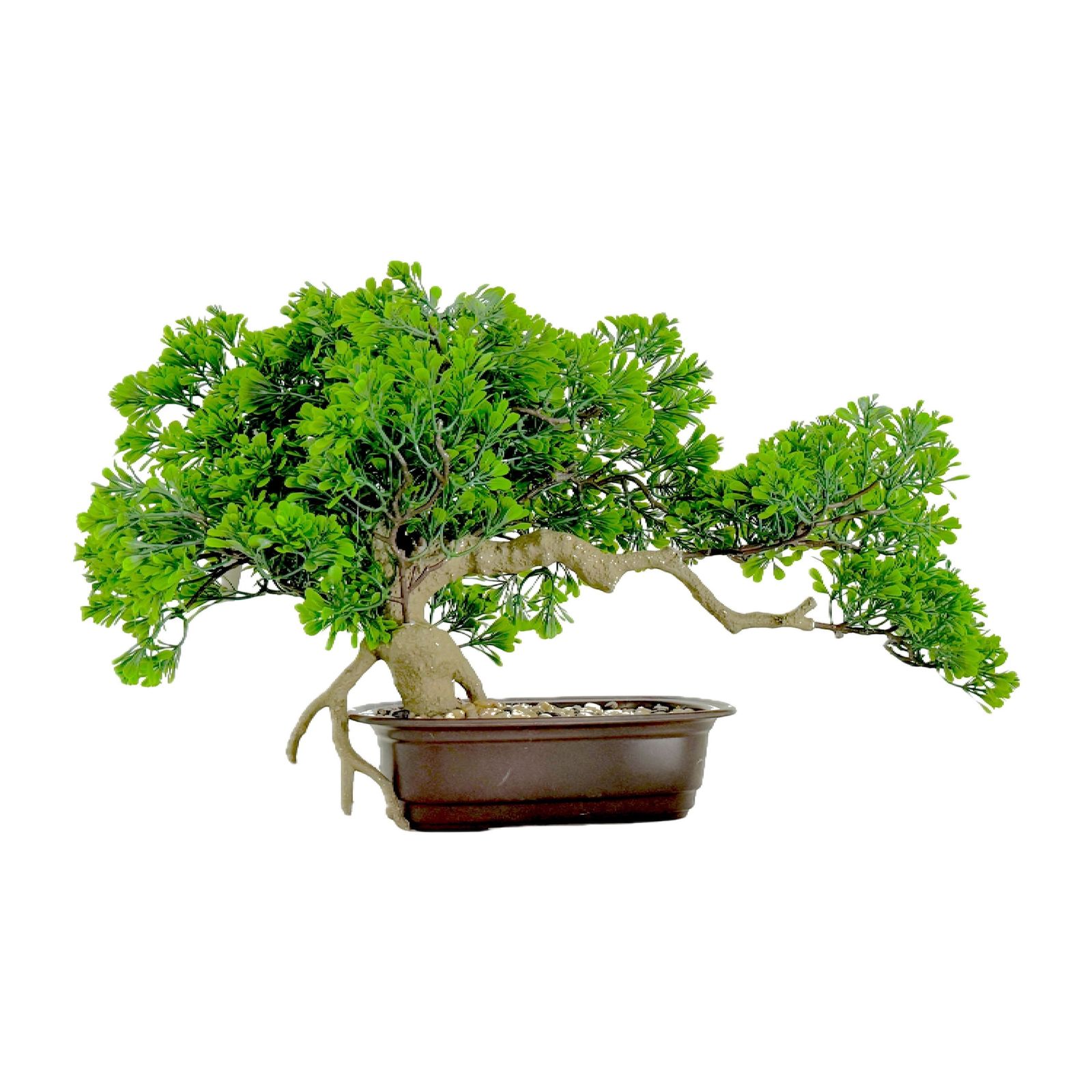 Decor8 Homes Inc. artificial bonsai tree with vibrant green foliage and a weathered trunk in a brown rectangular pot.
