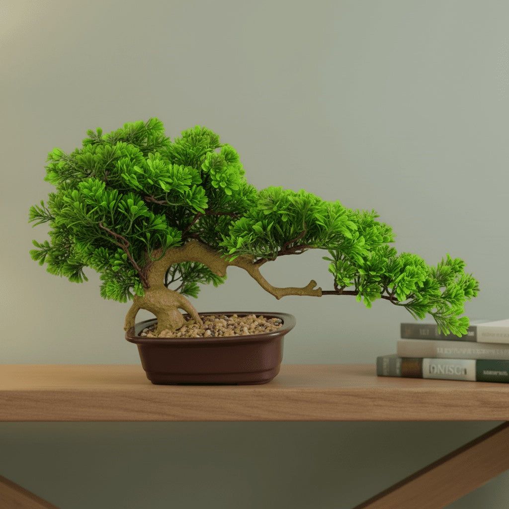 Decor8 Homes Inc. artificial bonsai tree with vibrant green foliage and a weathered trunk in a brown rectangular pot.