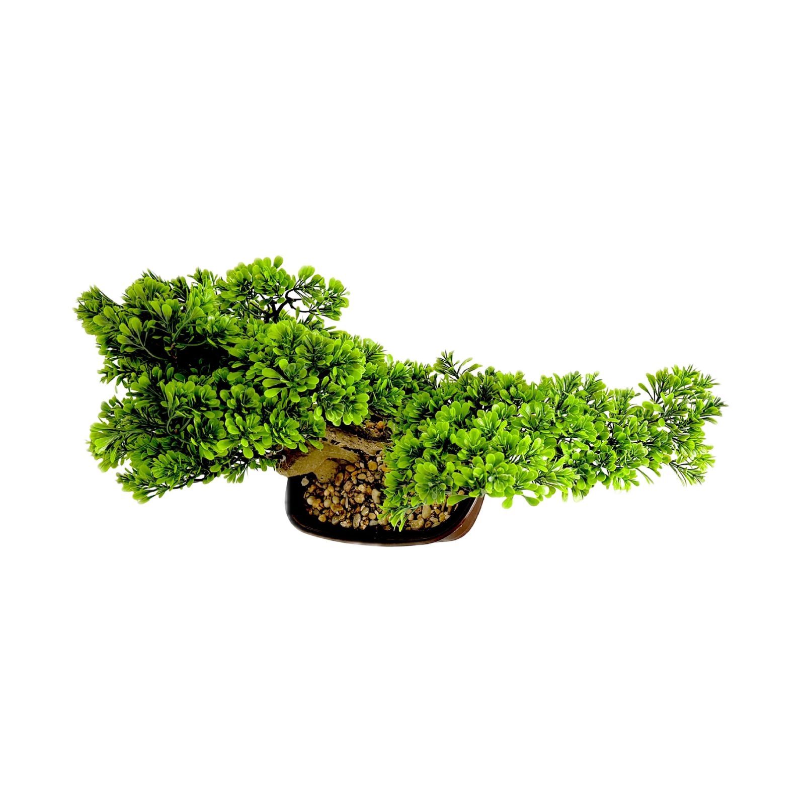 Decor8 Homes Inc. artificial bonsai tree with vibrant green foliage in a dark brown rectangular pot with pebbles.