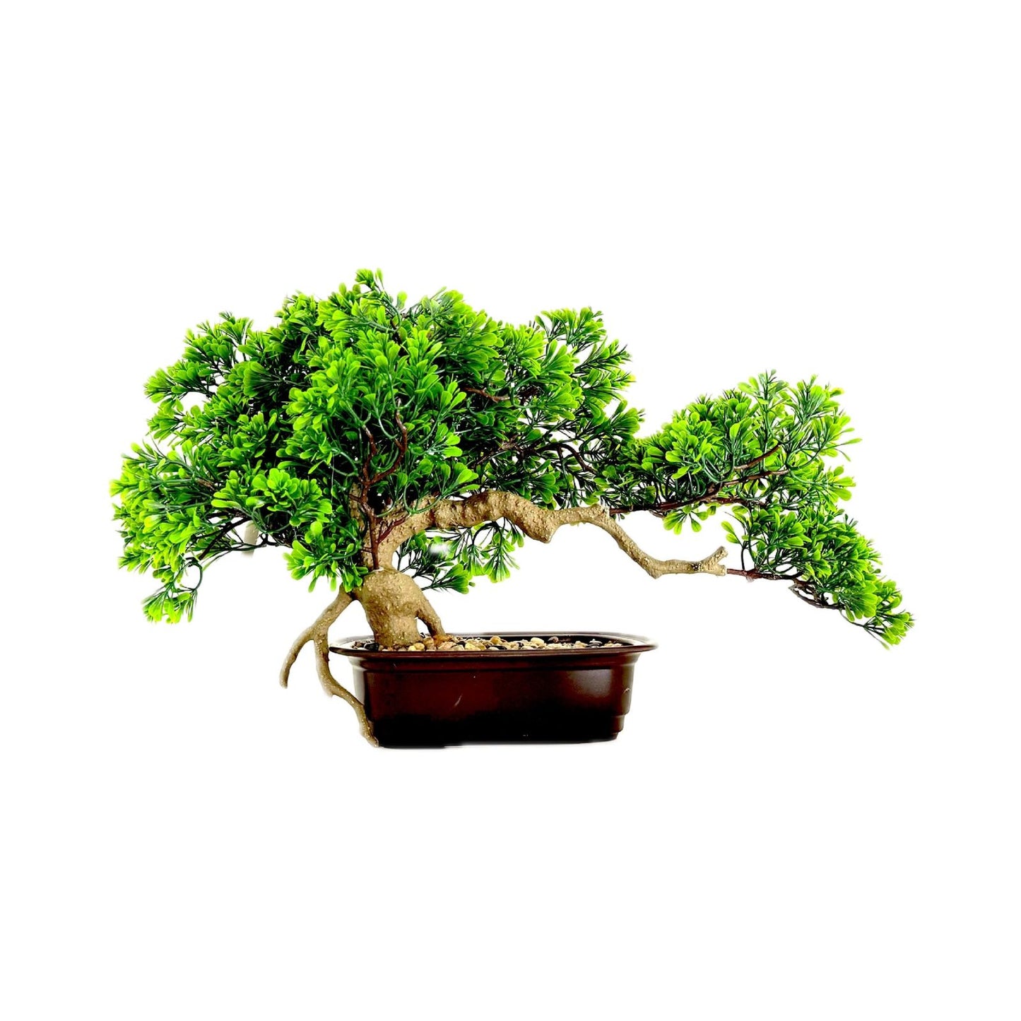 Decor8 Homes Inc. artificial bonsai tree with vibrant green foliage and a weathered trunk in a brown rectangular pot.