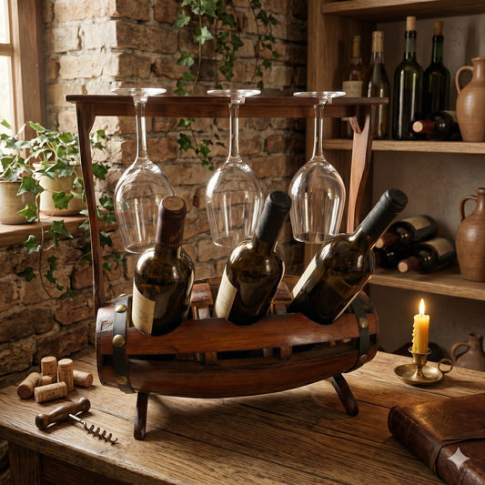Decor8 Homes Inc. rustic wooden barrel wine rack holding three bottles and three stemware glasses on a table