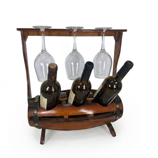 Decor8 Homes Inc. rustic wooden barrel-style tabletop wine rack holding three bottles and three hanging wine glasses.